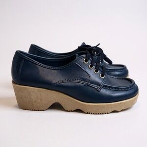 NEW Chandlers Vintage 70s Navy Blue Platform Chunky Heel Oxford Lace Up